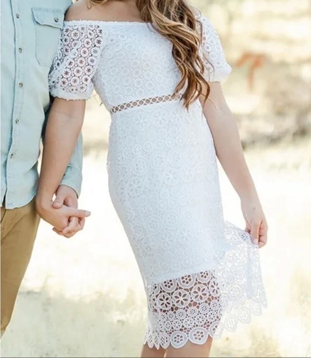Express Womens Off Shoulder Crochet Lace Midi Dress Size M Cottagecore Romantic